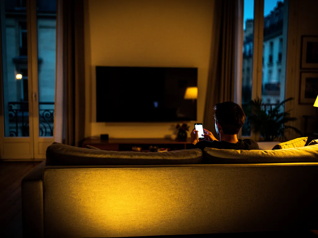Personne seule dans son salon le soir, téléphone en main face à une télévision éteinte, ambiance lumineuse tamisée