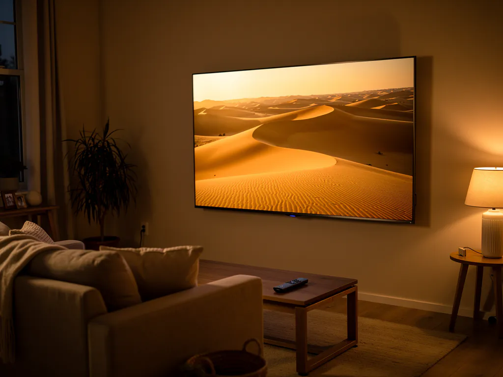 Salon d'expatrié avec un grand téléviseur 4K affichant un paysage très net, pour vérifier si un flux Atlas IPTV 4K est vrai ou upscalé