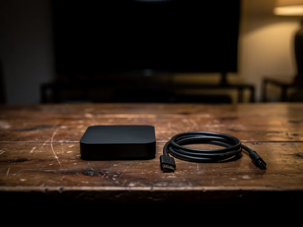Installation Atlas IPTV Firestick : box de streaming noire et câble HDMI posés sur une table en bois, télévision éteinte en arrière-plan