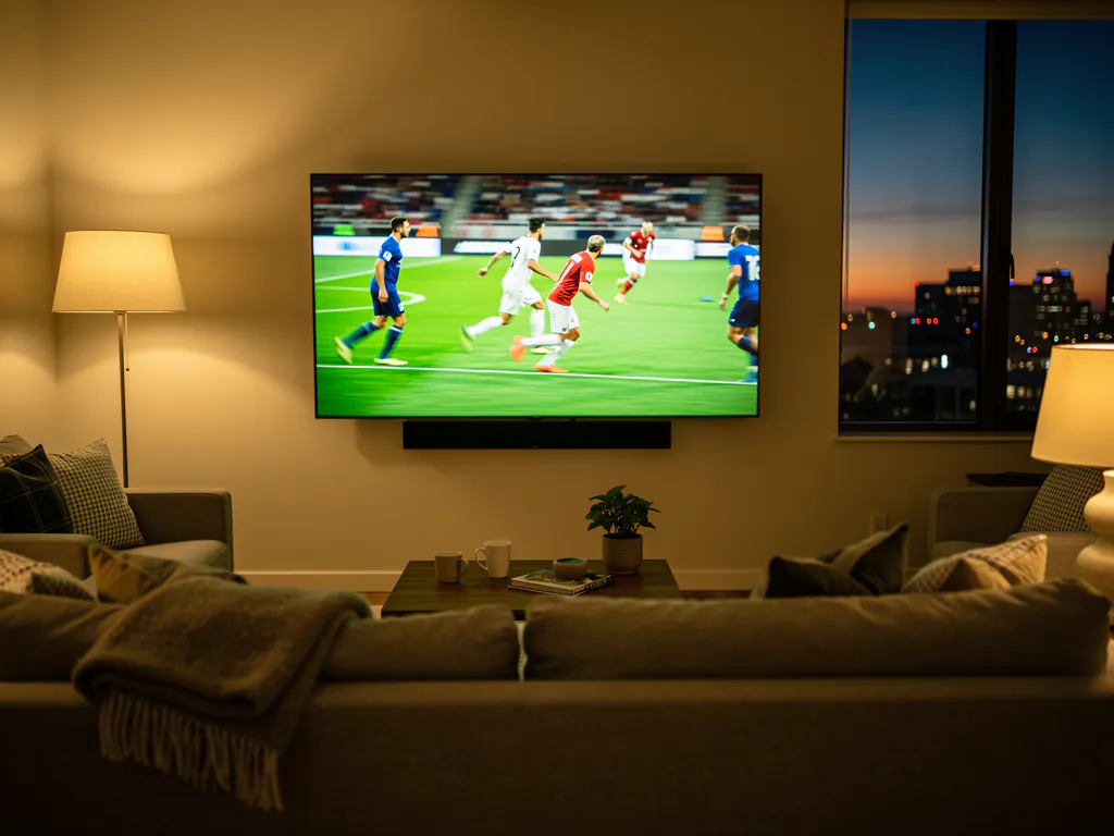 Salon d'un appartement avec un abonnement Atlas IPTV qui diffuse un match de football en direct sur une grande télévision 4K le soir