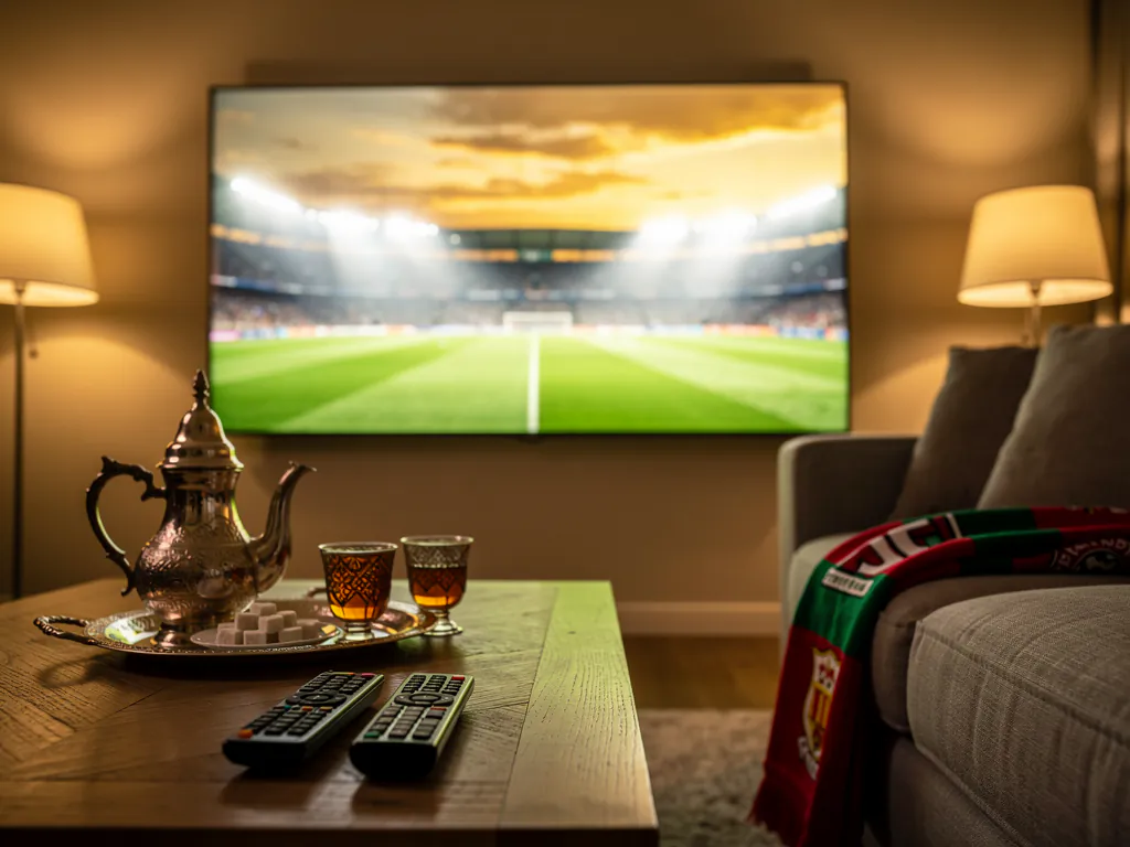 Salon de la diaspora avec deux télécommandes sur la table et le thé marocain, pour comparer beIN MENA vs beIN France depuis l'Europe
