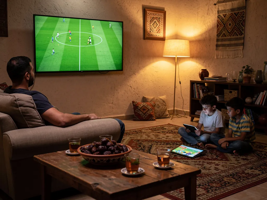 Une famille dans son salon le soir, le père regarde un match de foot sur la télé murale pendant que deux enfants suivent un dessin animé sur une tablette posée sur le tapis, un bol de dattes et des verres de thé sur la table basse