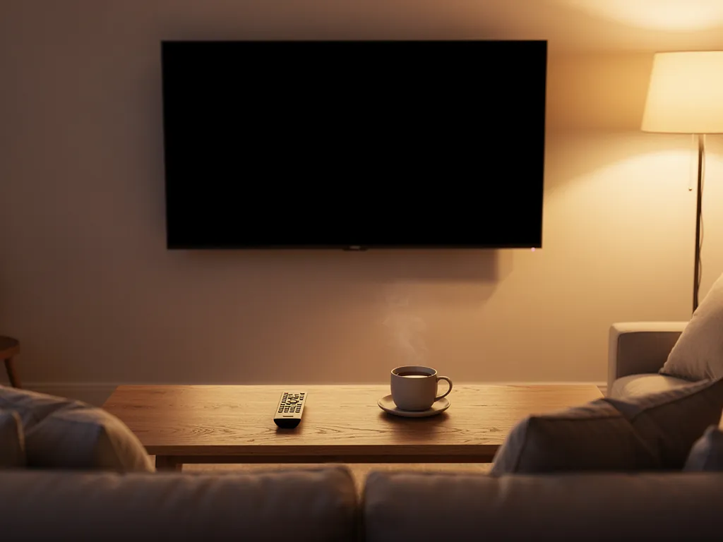 Salon le soir avec une télévision éteinte sur écran noir, une télécommande posée sur la table basse à côté d'une tasse de thé, lumière tamisée d'une lampe