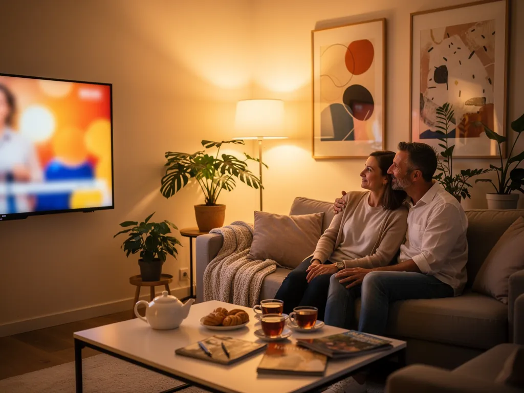 Couple d'expatriés français qui regarde les chaînes françaises comme TF1 et M6 sur sa télévision depuis l'étranger, ambiance salon du soir