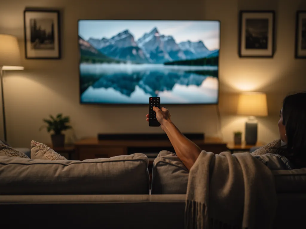 Salon calme, télécommande en main, écran TV stable pendant un direct, pour diagnostiquer les IPTV coupures heure de pointe