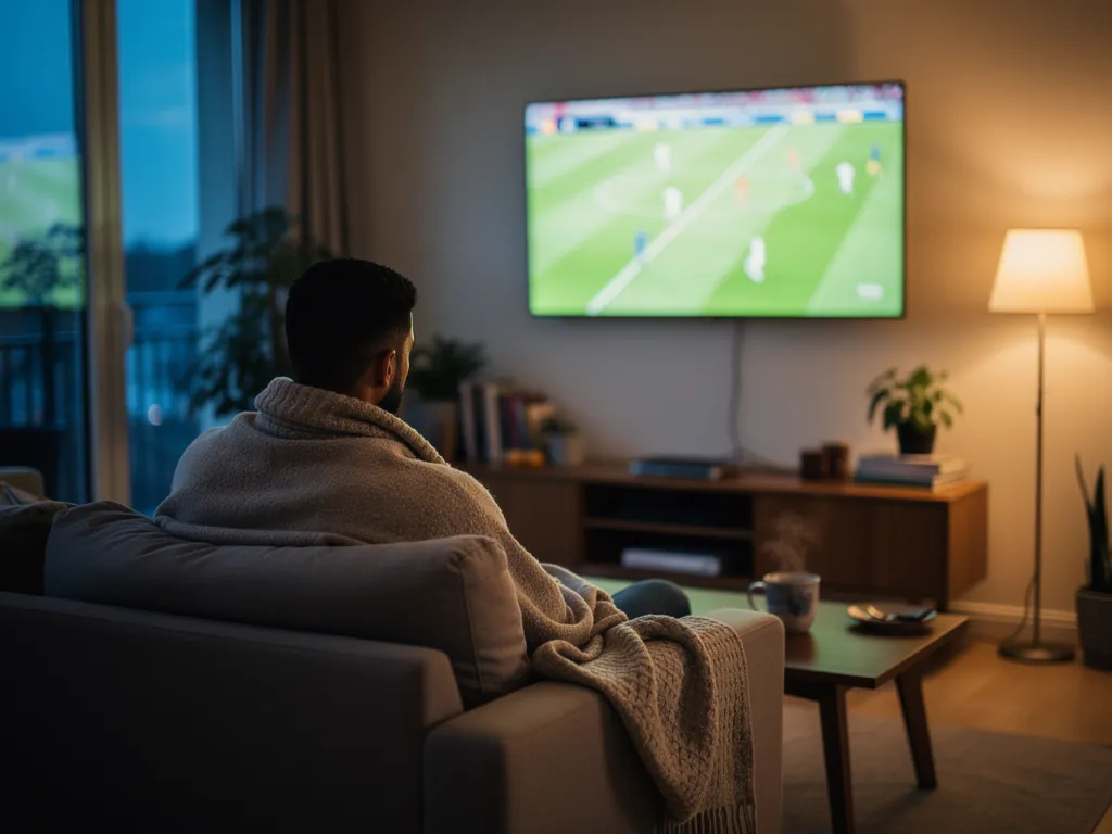 Personne de la diaspora qui regarde un match en direct à l'aube depuis l'étranger, avec un décalage horaire par rapport au prime time de son pays d'origine