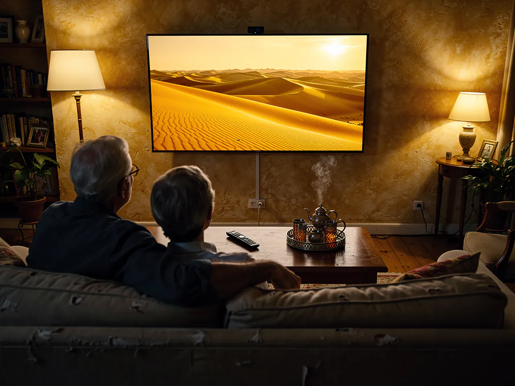 Un couple de parents âgés installés sur le canapé devant une télévision murale, une télécommande simple posée sur la table basse à côté des verres de thé, dans un salon chaleureux éclairé par une lampe