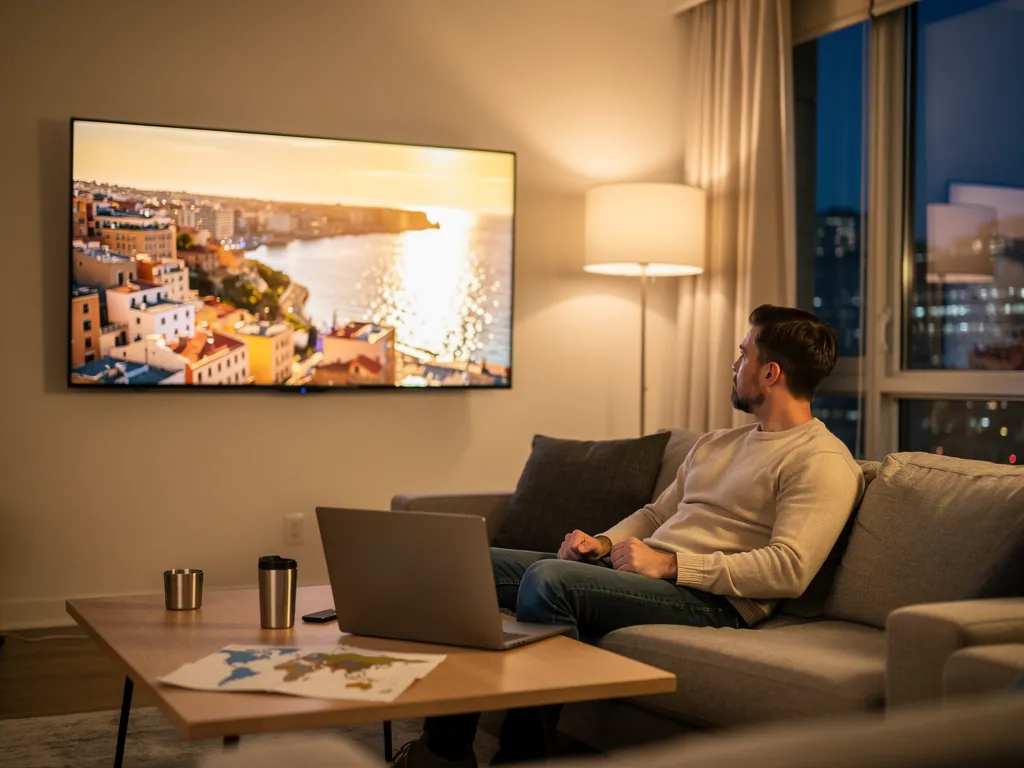 Salon d'expatrié à l'étranger, laptop fermé sur la table basse et TV qui affiche un paysage du pays, pour comprendre l'IPTV VPN expatrié