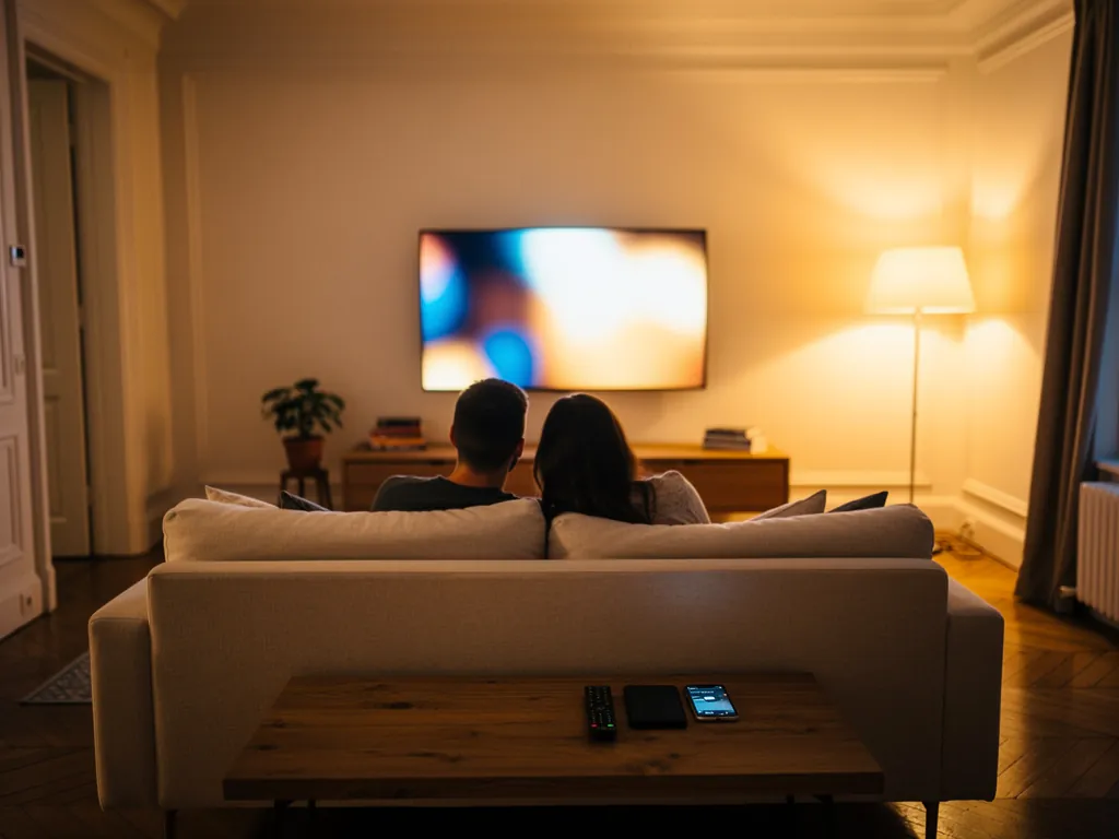 Un couple choisit entre un lien M3U ou Xtream Codes API pour configurer son IPTV depuis le salon