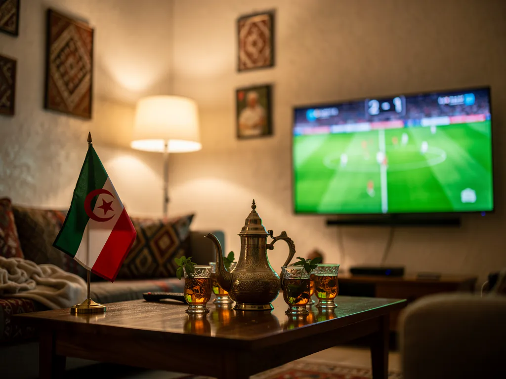 Salon de la diaspora un soir de match, thé marocain sur la table, pour regarder la Coupe d'Afrique en direct depuis l'étranger