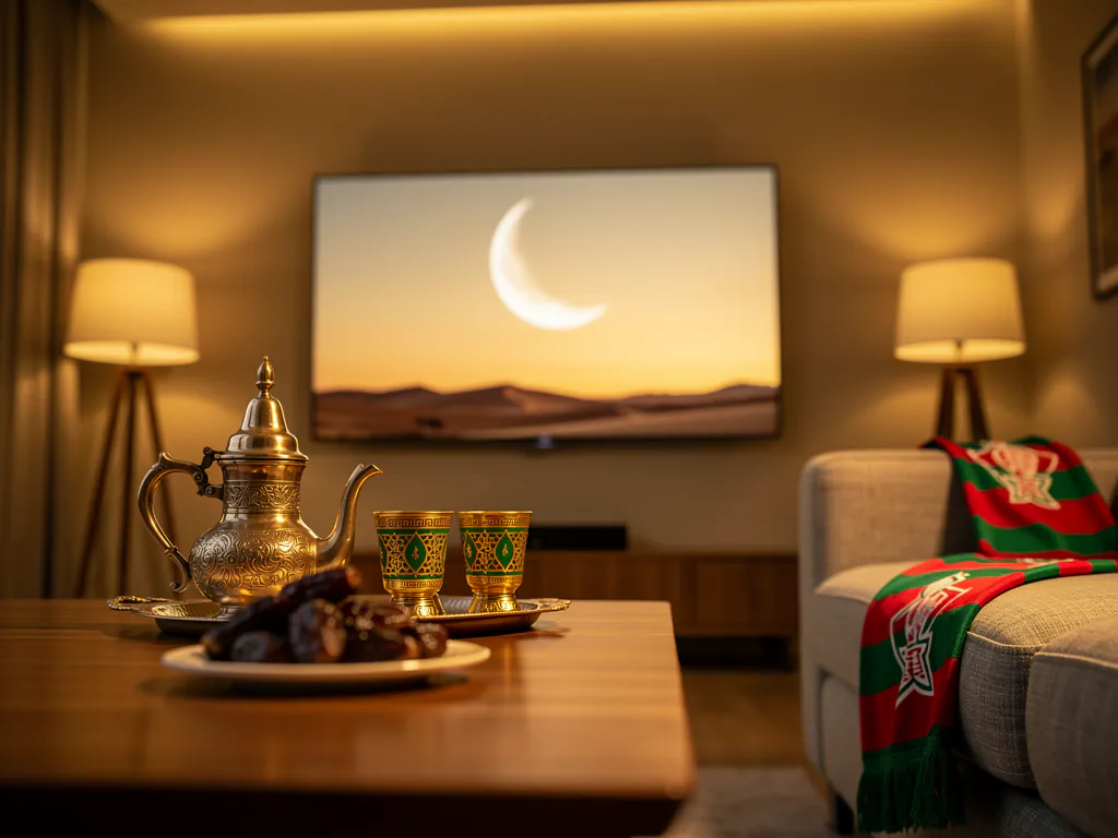 Un salon prêt à regarder le Ramadan en direct depuis l'Europe, thé marocain et dattes sur la table